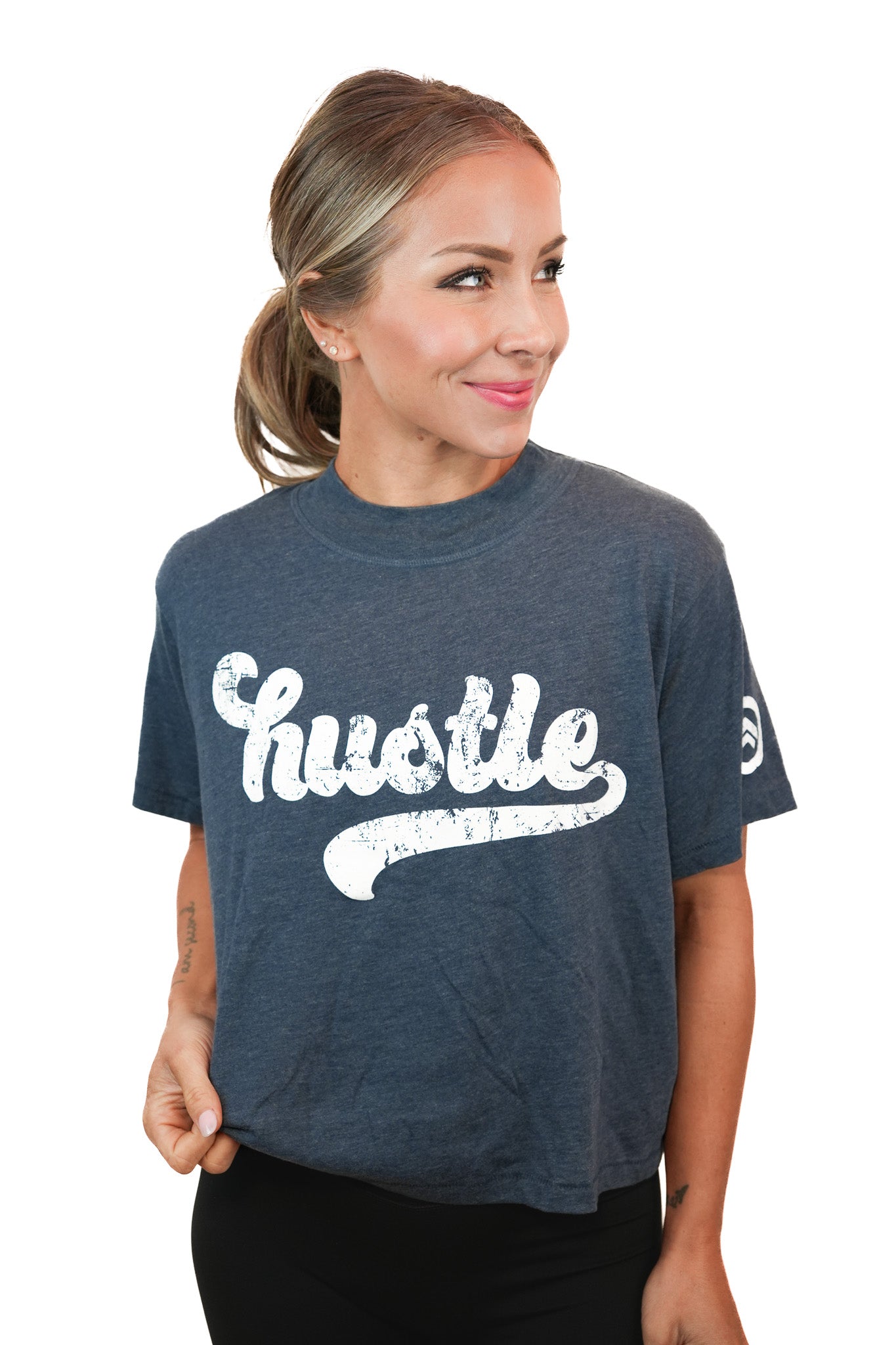 NAVY HUSTLE CROP TEE