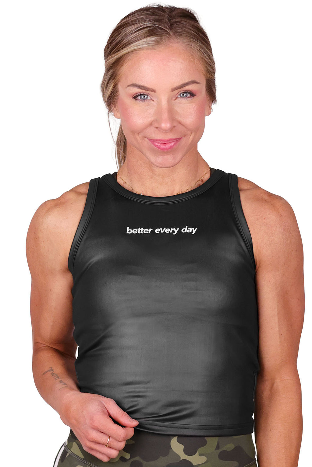 METALLIC BLACK HIGH NECK CROP TANK